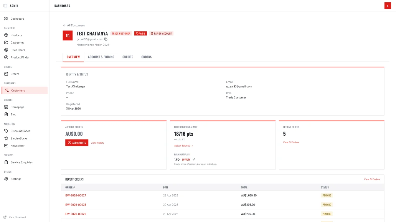 Electroweld trade customer profile - ElectroBucks balance, account credits, pay-on-account, recent orders