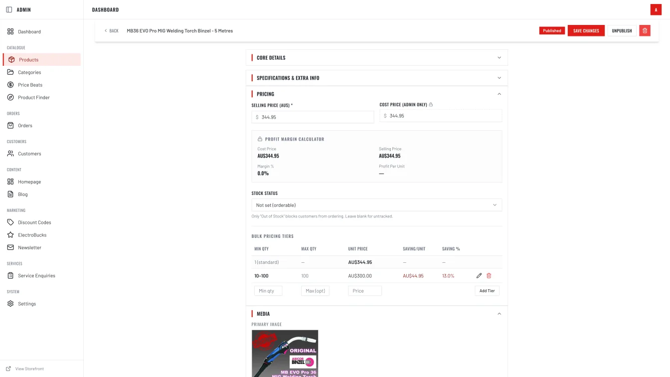 Electroweld product edit - selling price, cost price, profit margin calculator, bulk pricing tiers
